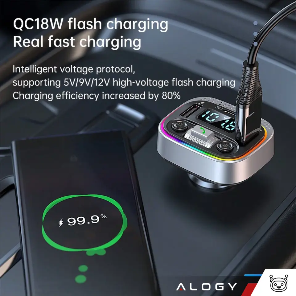 Transmiter samochodowy Bluetooth FM MP3 Szybka Ładowarka 2 x USB QC 3.0 + USB-C C PD 20W LED RGB  Alogy Car srebrny