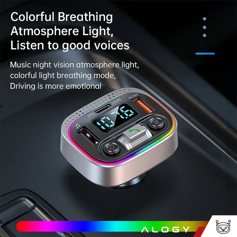 Transmiter samochodowy Bluetooth FM MP3 Szybka Ładowarka 2 x USB QC 3.0 + USB-C C PD 20W LED RGB  Alogy Car srebrny