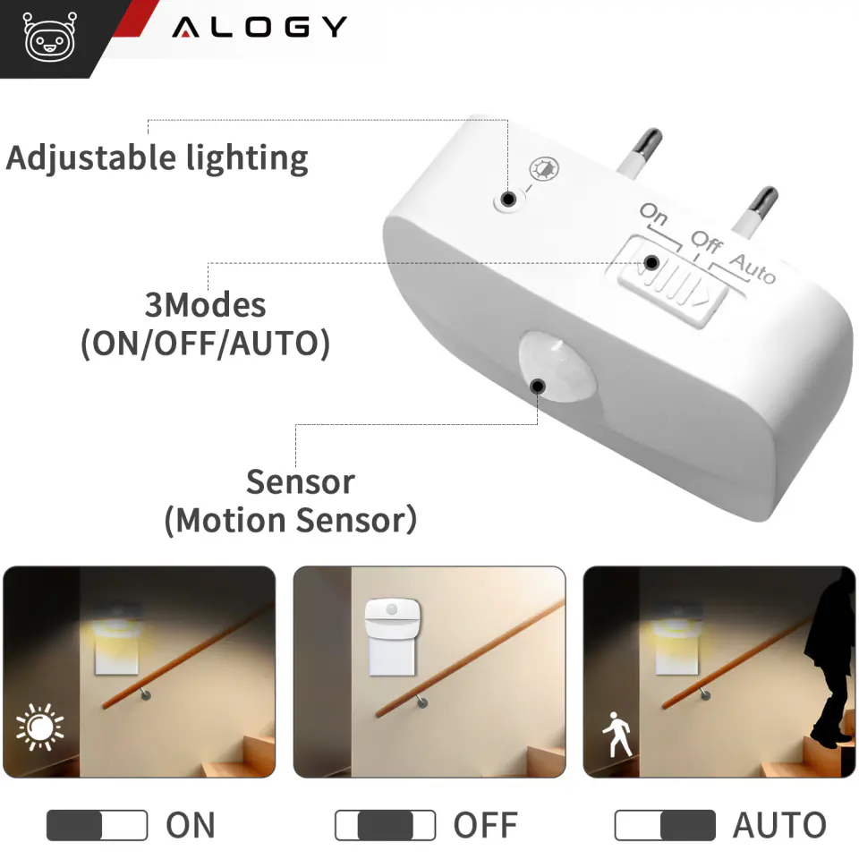 Lampka nocna LED z czujnikiem ruchu do gniazdka EU 3 barwy światła Alogy Night Light Biała