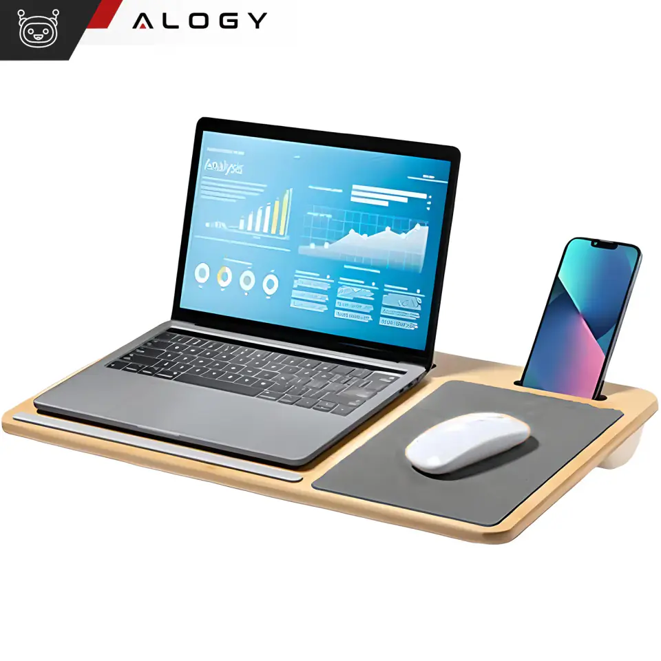 Stolik pod laptopa podstawka uchwyt na telefon tablet podkładka pod mysz Alogy bambusowa na kolana do łóżka