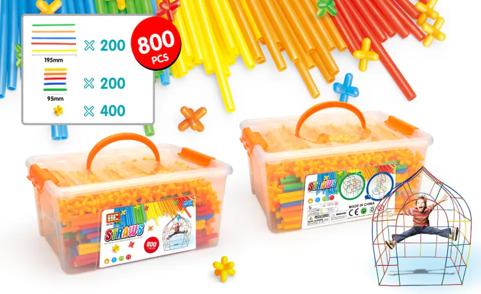 Długie Słomki Konstrukcyjne, Klocki, Patyczki ok. 800 Sztuk Kuferek