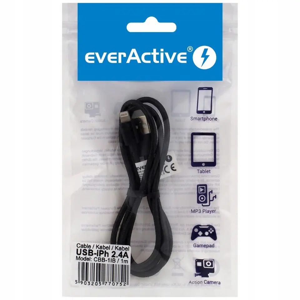 Kabel USB -> Lightning 1,2m 2,4A pleciony czarny EVERACTIVE (CBB-1.2IB)