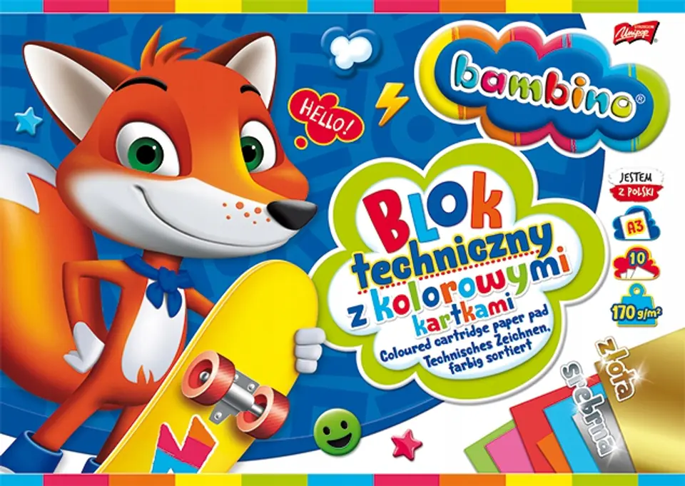Blok techniczny szkolny A3 kolorowy + złota i srebrna kartka 10 kartek 170g BAMBINO