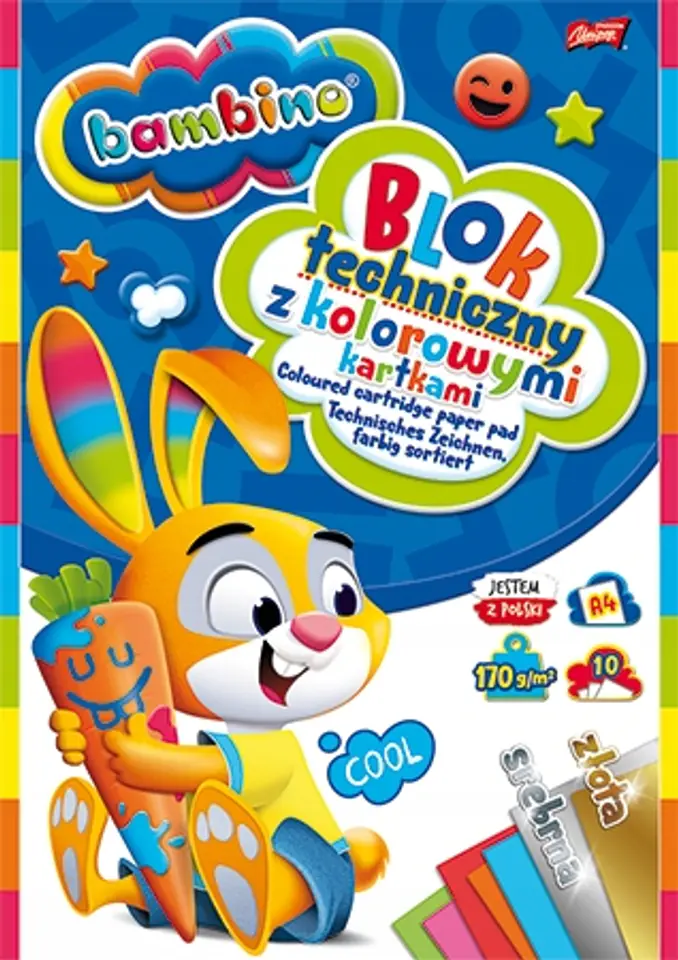 Blok techniczny szkolny A4 kolorowy + złota i srebrna kratka 10 kartek 170g BAMBINO