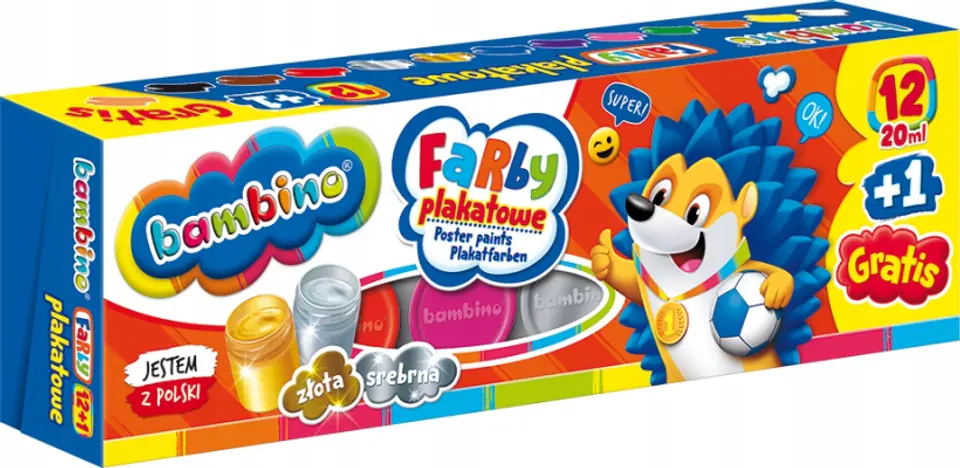 Farby plakatowe 12 kolorów, 20ml + 1 farba cielista gratis BAMBINO