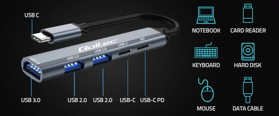 Qoltec Hub Adapter USB-C 3.1 5w1 | USB-C PD| USB-C | 2x USB 2.0 | USB 3.0