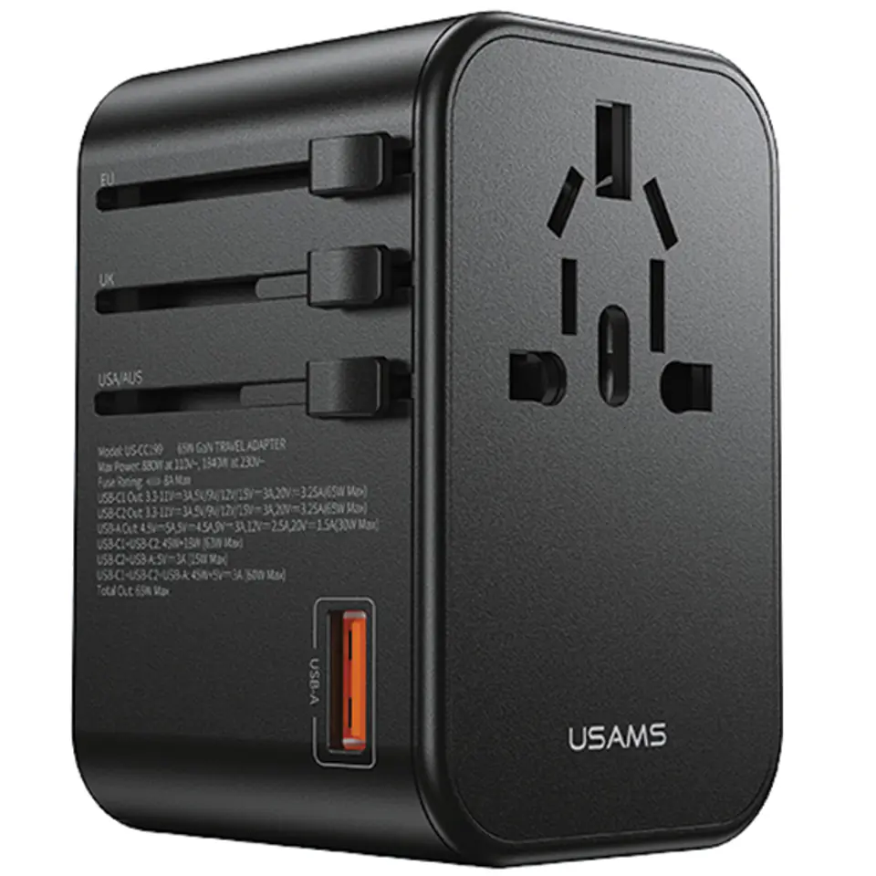 USAMS Adapter siec 1xUSB+2xUSB-C T62 65W4w1 US/AU/EU/UK czarny/black CC199TC01 (US-CC199) Univesal Travel Charger