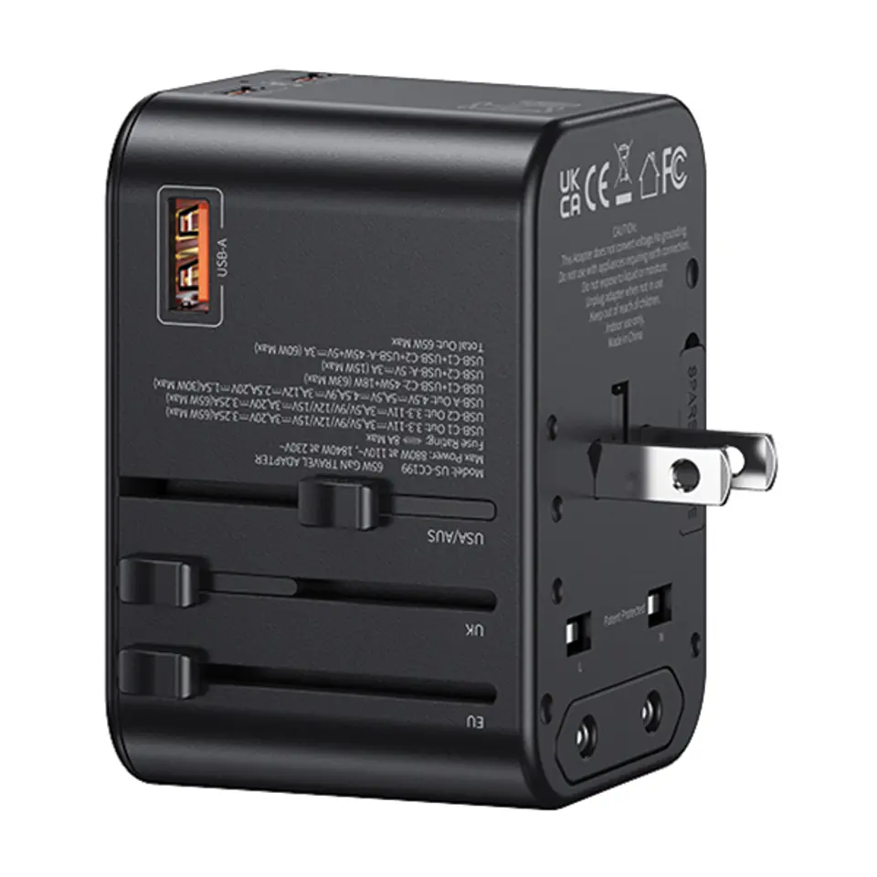 USAMS Adapter siec 1xUSB+2xUSB-C T62 65W4w1 US/AU/EU/UK czarny/black CC199TC01 (US-CC199) Univesal Travel Charger