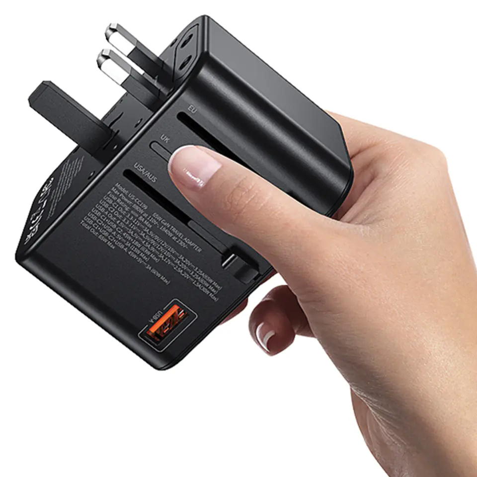 USAMS Adapter siec 1xUSB+2xUSB-C T62 65W4w1 US/AU/EU/UK czarny/black CC199TC01 (US-CC199) Univesal Travel Charger