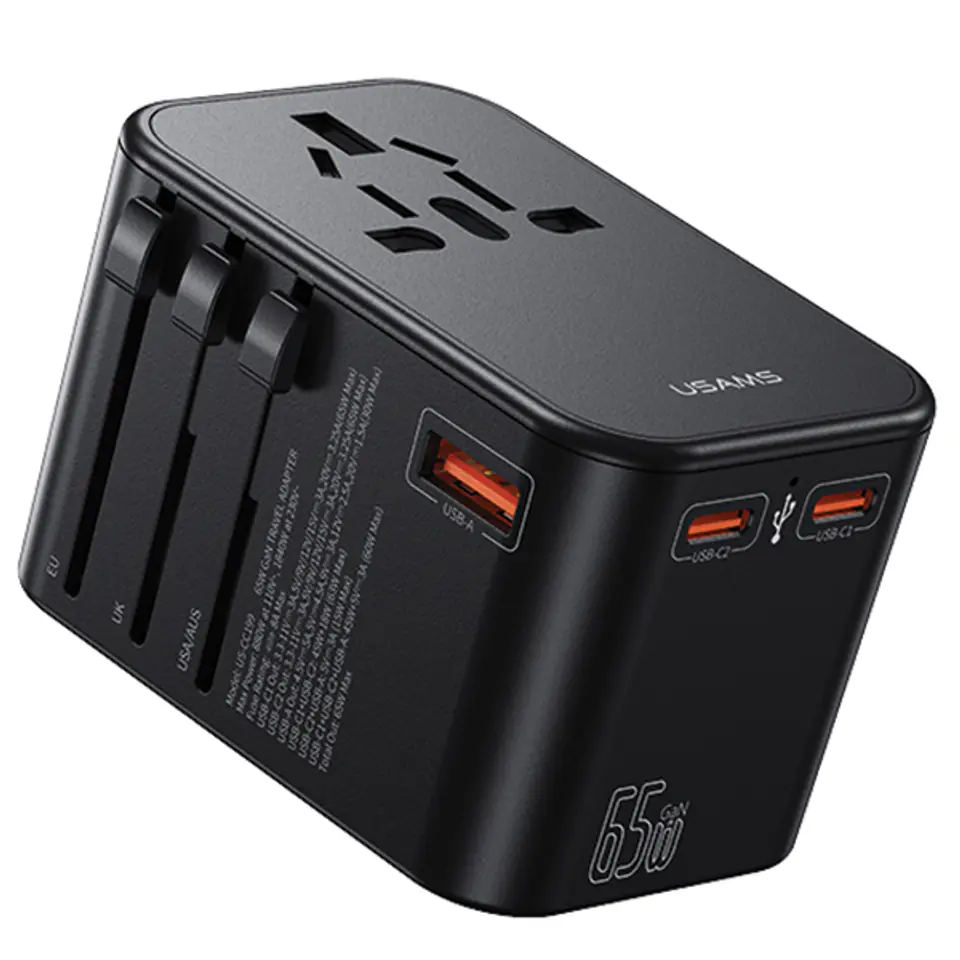 USAMS Adapter siec 1xUSB+2xUSB-C T62 65W4w1 US/AU/EU/UK czarny/black CC199TC01 (US-CC199) Univesal Travel Charger