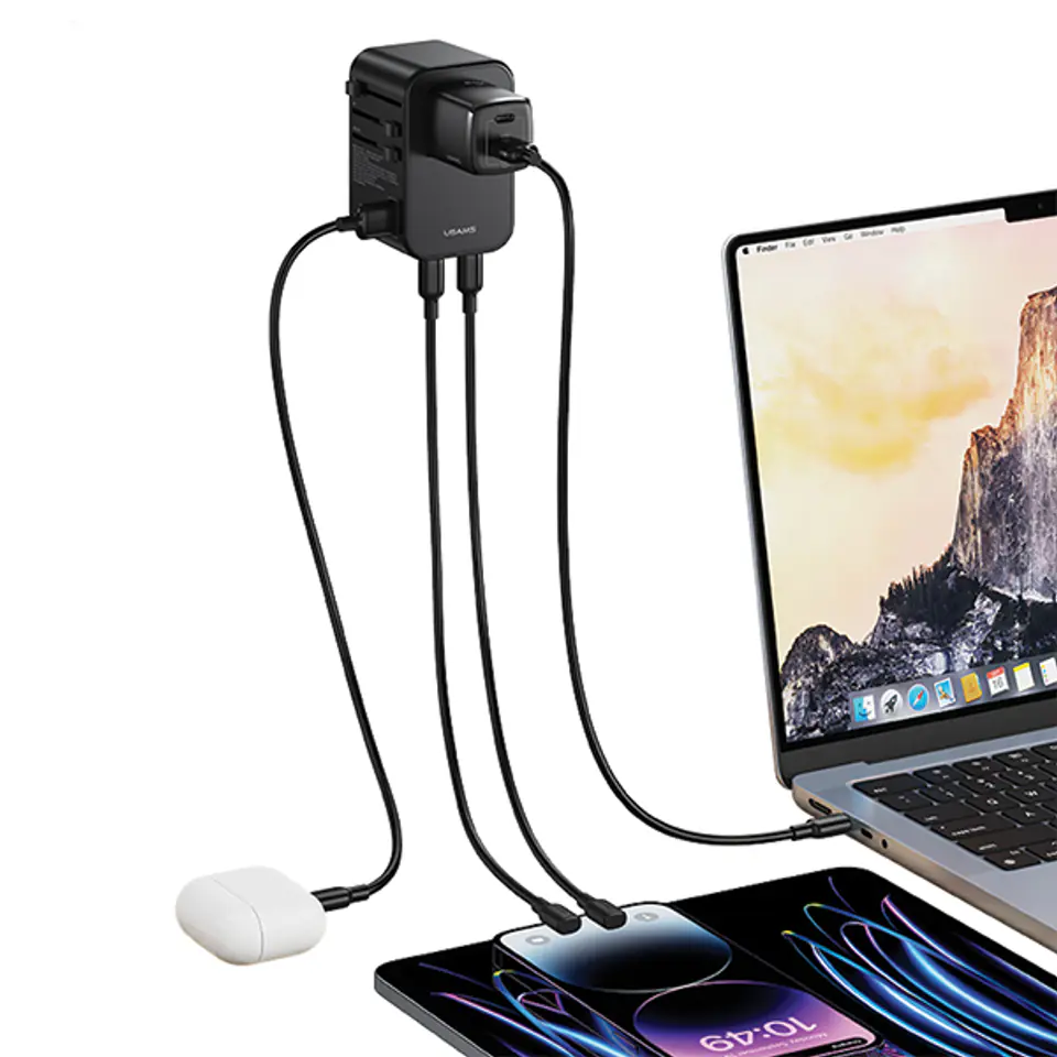 USAMS Adapter siec 1xUSB+2xUSB-C T62 65W4w1 US/AU/EU/UK czarny/black CC199TC01 (US-CC199) Univesal Travel Charger