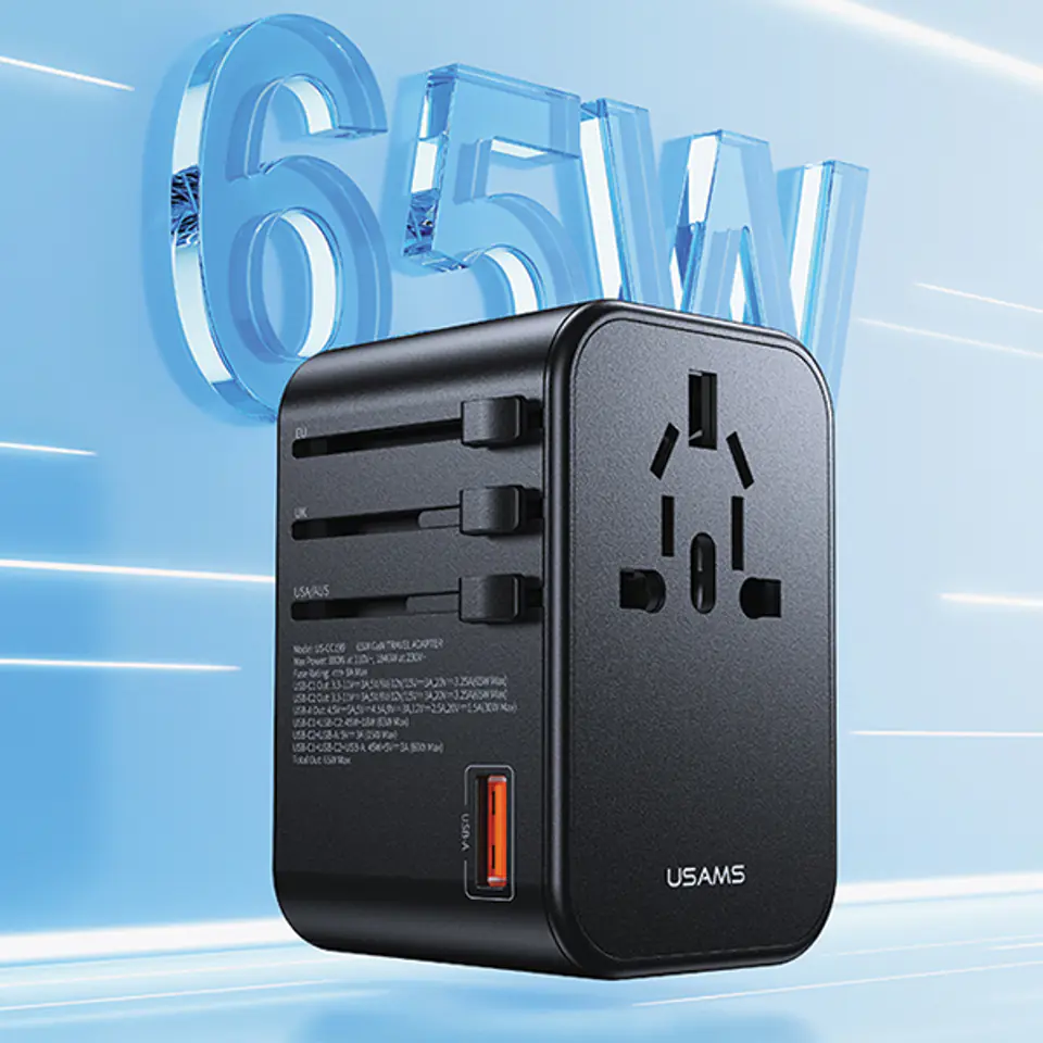 USAMS Adapter siec 1xUSB+2xUSB-C T62 65W4w1 US/AU/EU/UK czarny/black CC199TC01 (US-CC199) Univesal Travel Charger