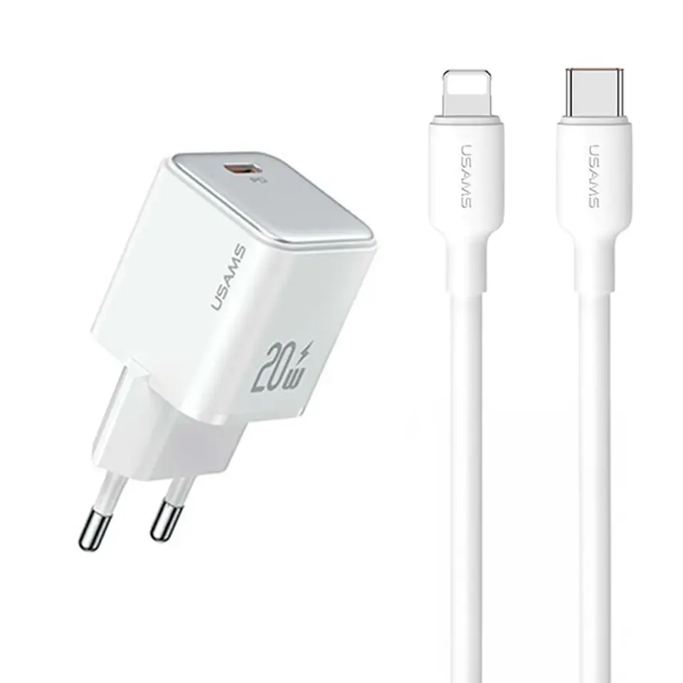 USAMS Ład. siec. 1xUSB-C PD20WPD3.0 Fast Charging US-CC183 + kabel USB-C/Lightning US-SJ610 biały/white YX Series YXXLOGTC03