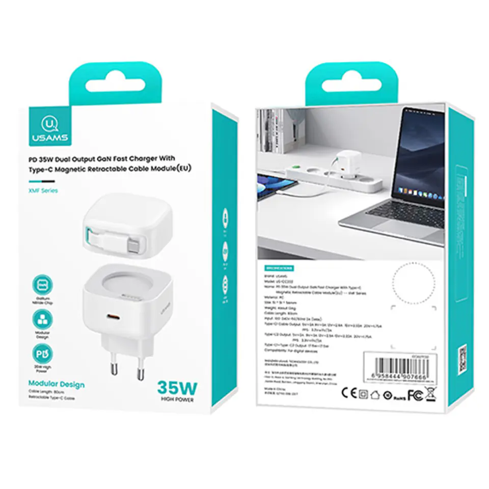 USAMS Ład. siec. 1xUSB-C ze zwijanym kablem USB-C Retractable PD+QC 35W Gan Fast Charging biały/white XMF Series CC202TC02 (US-CC202)