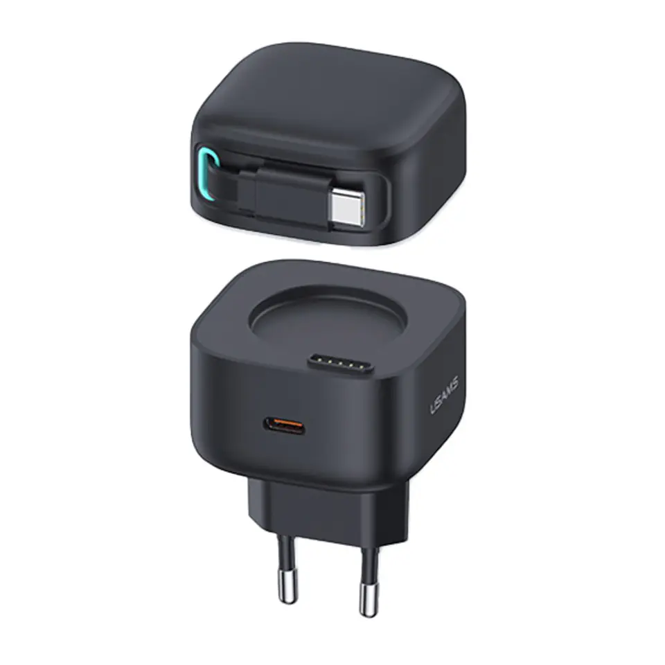 USAMS Ład. siec. 1xUSB-C ze zwijanymkablem Lighning Retractable PD+QC 35W Gan Fast Charging czarny/black XMF Series CC209TC01 (US-CC209)