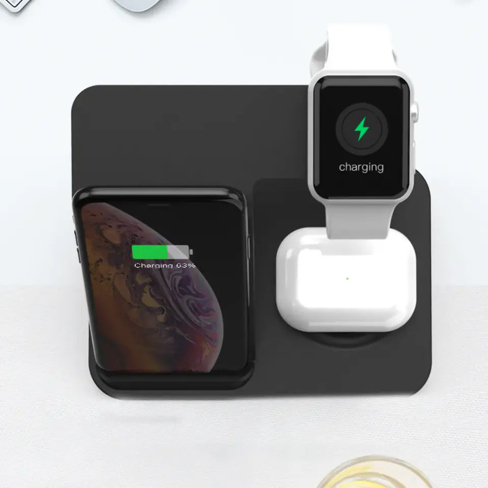 Ładowarka indukcyjna Qi 15W do iPhone Apple Watch AirPods bezprzewodowa 3w1 Stacja dokująca Czarna