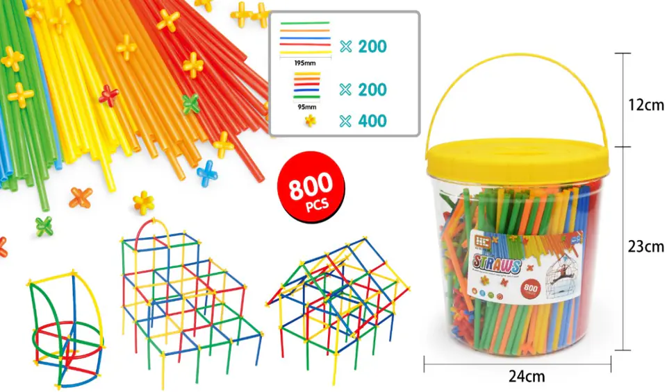 Construction Straws, Blocks, Sticks approx. 800 Pieces Bucket