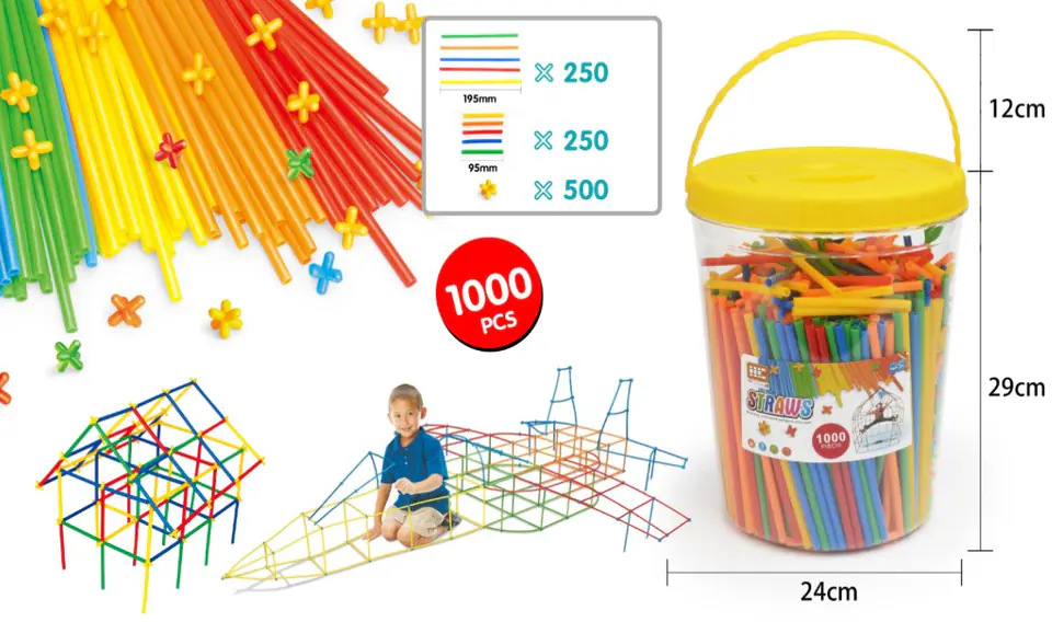 Construction Straws, Blocks, Sticks approx. 1000 Pieces Bucket