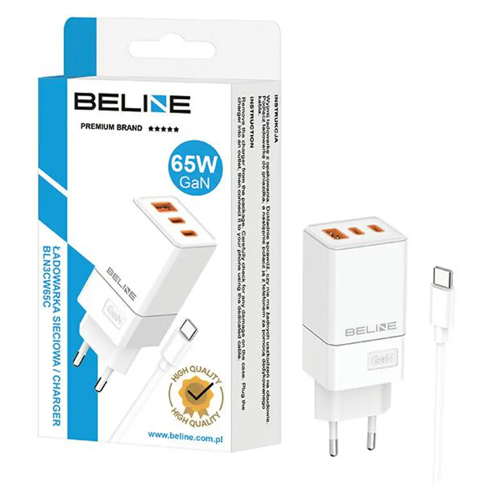 Beline Ład. siec. 2x USB-C + 1x USB 65W + kabel USB-C biały/white PD 3.0 + QC 3.0  BLN3CW65C GaN