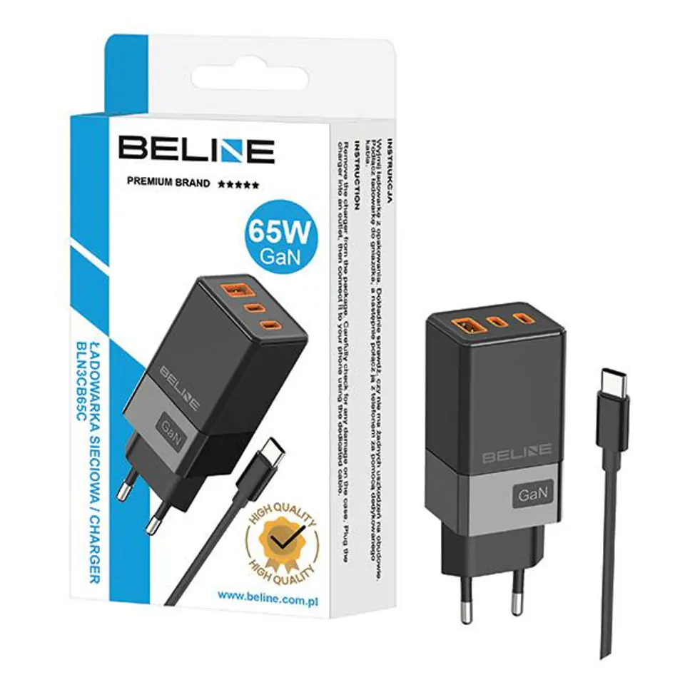 Beline Ład. siec. 2x USB-C + 1x USB 65W + kabel USB-C czarny/black PD 3.0 + QC 3.0  BLN3CB65C GaN