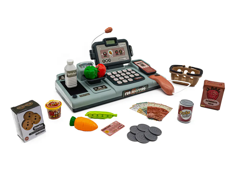 Educational shop cash register - microphone, scale, basket, accessories