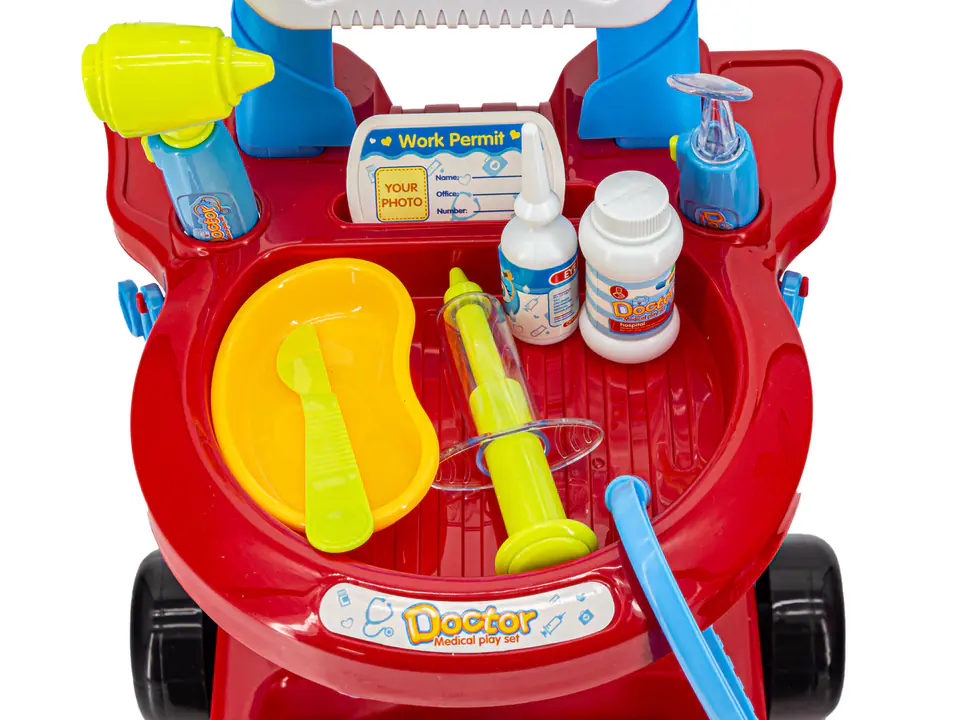 Medical trolley with accessories, Doctor's set red