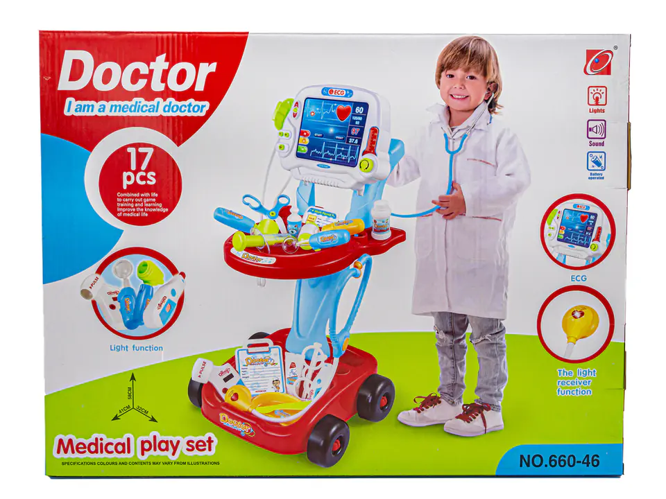 Medical trolley with accessories, Doctor's set red