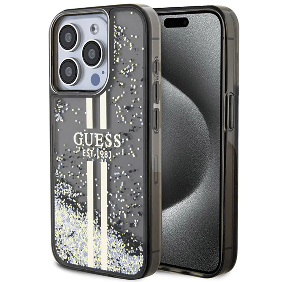 Guess GUHCP15MLFCSEGK iPhone 15 Plus / 14 Plus 6.7" czarny/black hardcase Liquid Glitter Gold Stripes