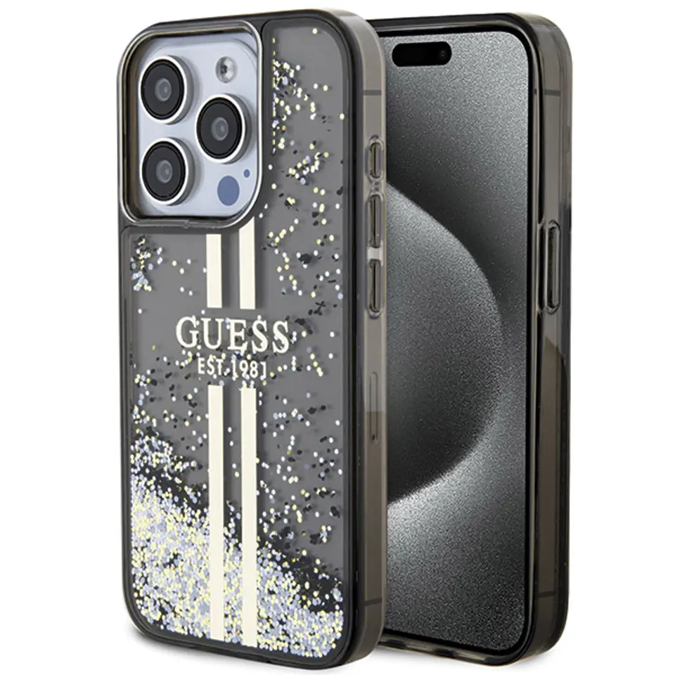 Guess GUHCP15SLFCSEGK iPhone 15 / 14 / 13 6.1" czarny/black hardcase Liquid Glitter Gold Stripes