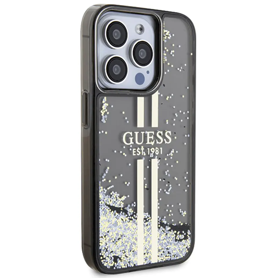 Guess GUHCP15SLFCSEGK iPhone 15 / 14 / 13 6.1" czarny/black hardcase Liquid Glitter Gold Stripes