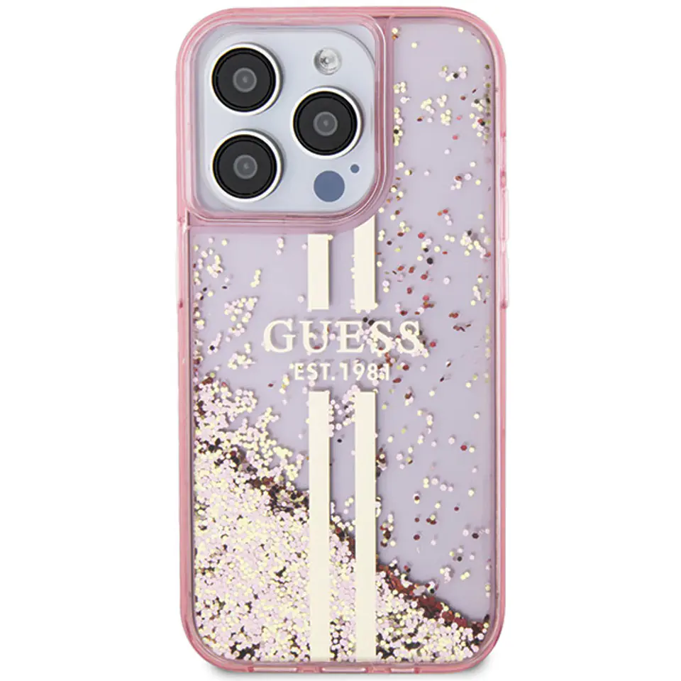 Guess GUHCP15LLFCSEGP iPhone 15 Pro 6.1" różowy/pink hardcase Liquid Glitter Gold Stripes