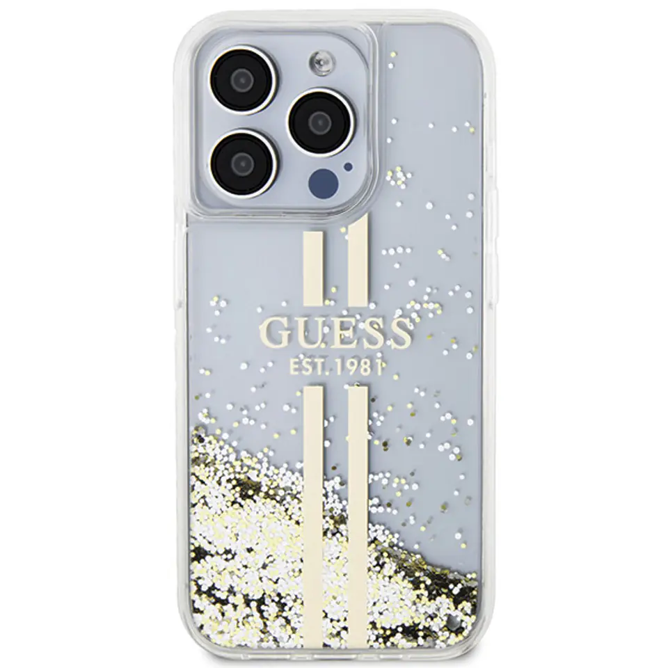 Guess GUHCP15MLFCSEGT iPhone 15 Plus / 14 Plus 6.7" transparent hardcase Liquid Glitter Gold Stripes