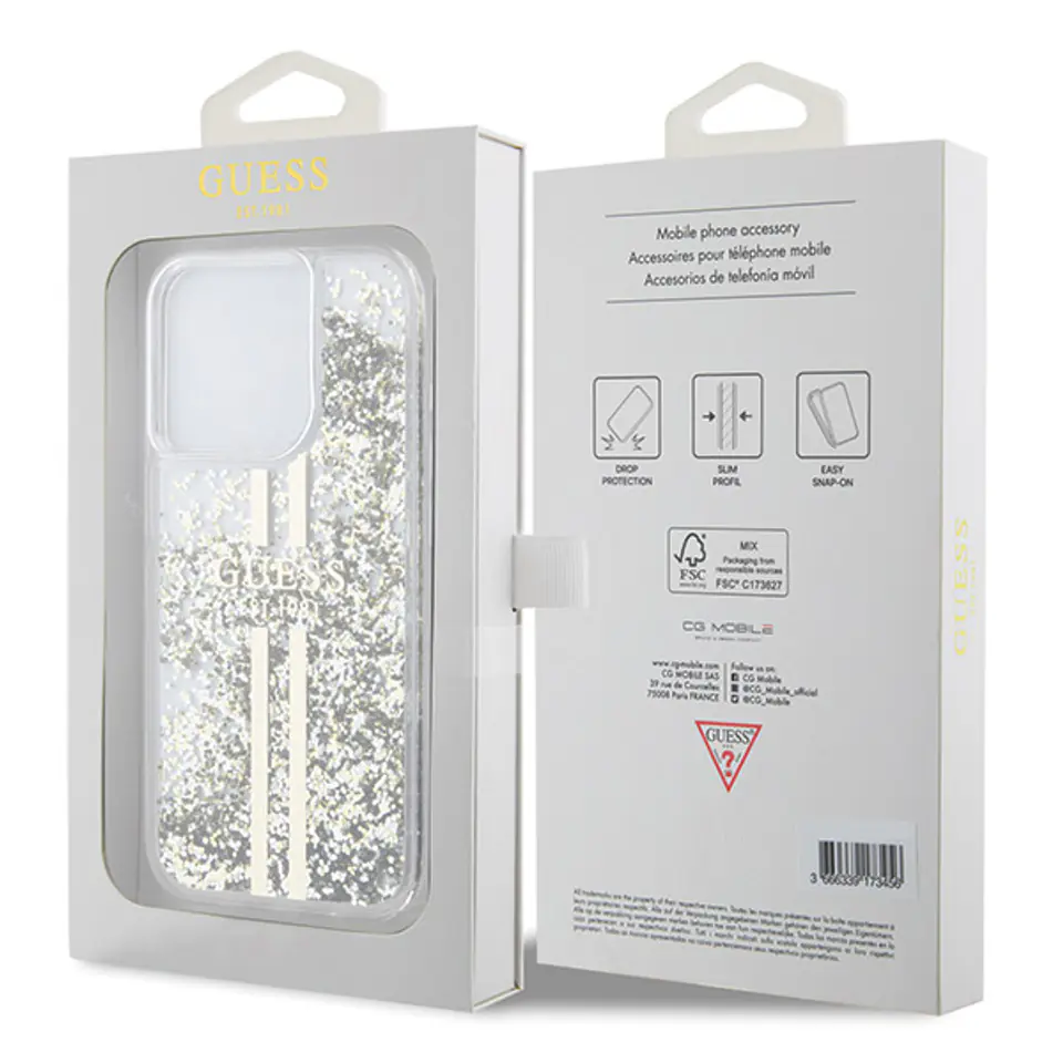 Guess GUHCP15XLFCSEGT iPhone 15 Pro Max 6.7" transparent hardcase Liquid Glitter Gold Stripes