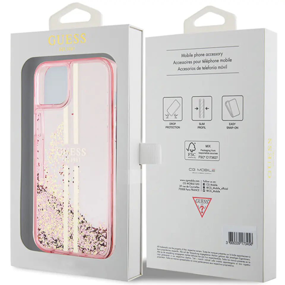 Guess GUHCP15MLFCSEGP iPhone 15 Plus / 14 Plus 6.7" różowy/pink hardcase Liquid Glitter Gold Stripes