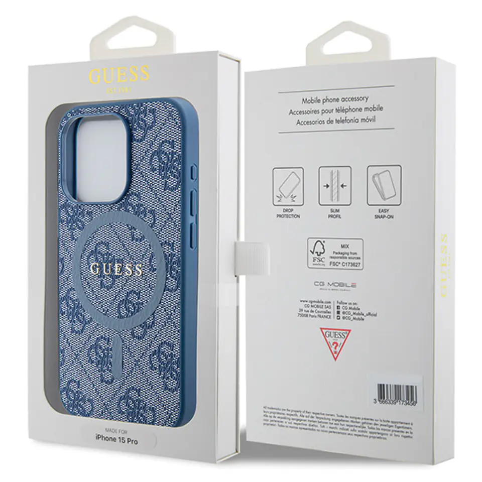 Guess GUHMP15LG4GFRB iPhone 15 Pro 6.1" niebieski/blue hardcase 4G Collection Leather Metal Logo MagSafe