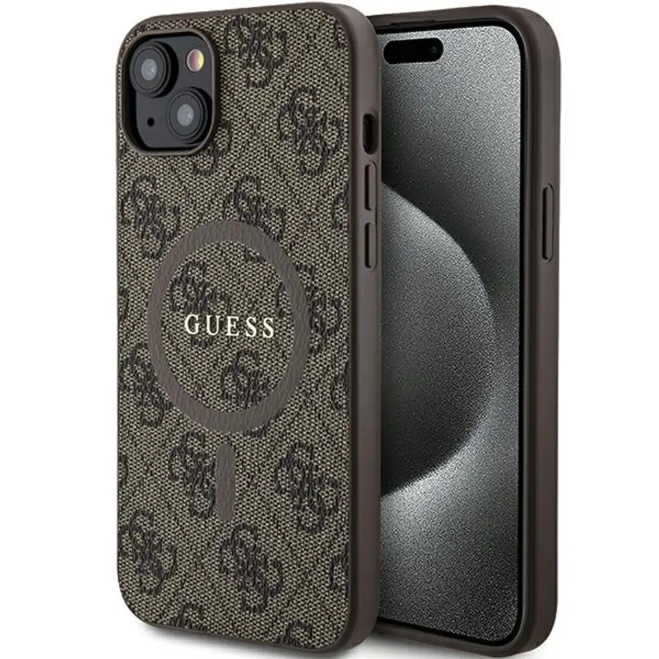 Guess GUHMP14SG4GFRW iPhone 14 / 15 / 13 6.1" brązowy/brown hardcase 4G Collection Leather Metal Logo MagSafe