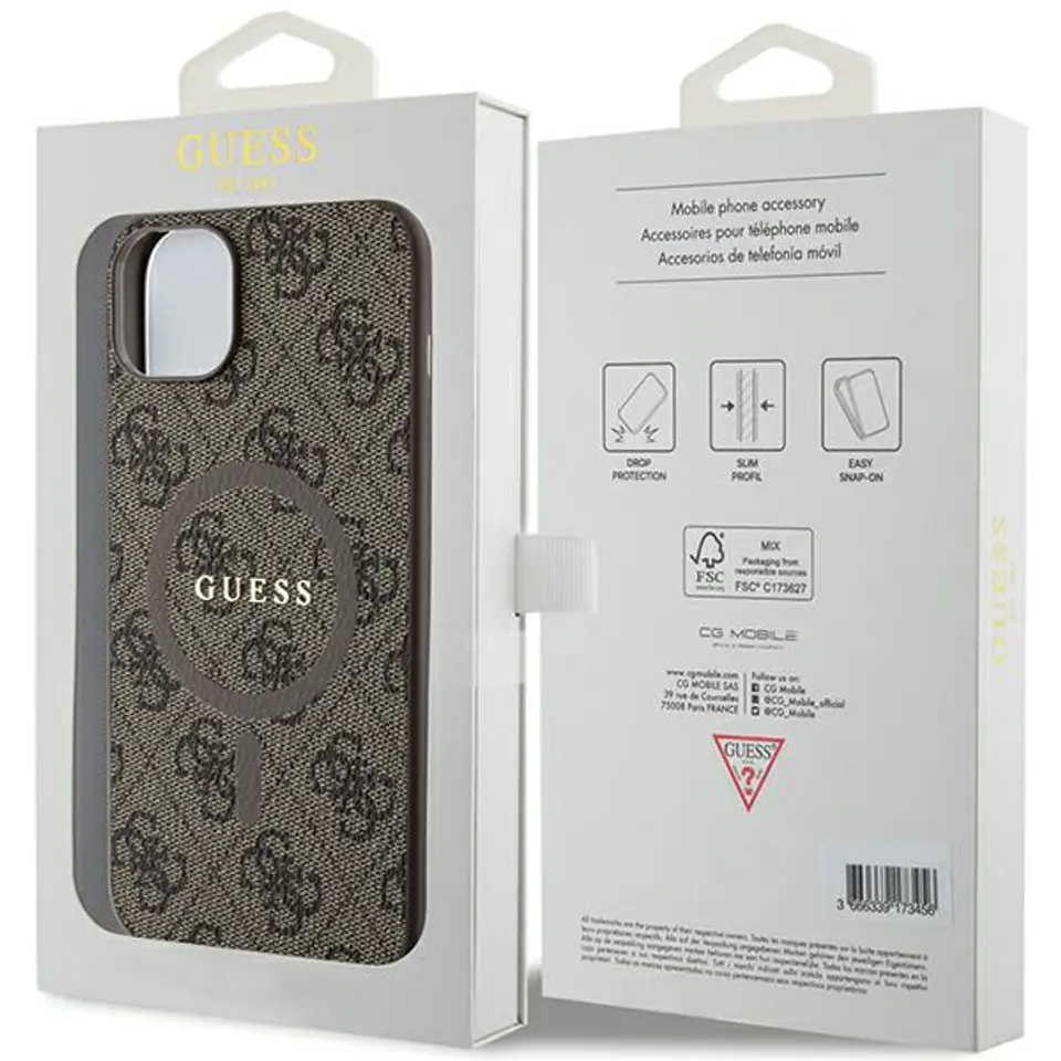 Guess GUHMP14SG4GFRW iPhone 14 / 15 / 13 6.1" brązowy/brown hardcase 4G Collection Leather Metal Logo MagSafe