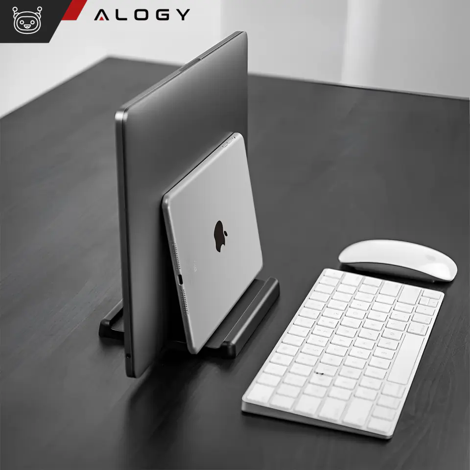 Stojak pionowy na laptopa telefon tablet 3w1 organizer uchwyt podstawka regulowana na biurko Alogy czarny