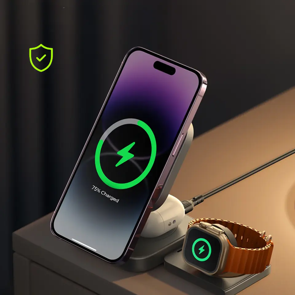 Ładowarka indukcyjna Qi Mag Safe 15W do iPhone Apple Watch AirPods bezprzewodowa 3w1 Stacja dokująca czarna