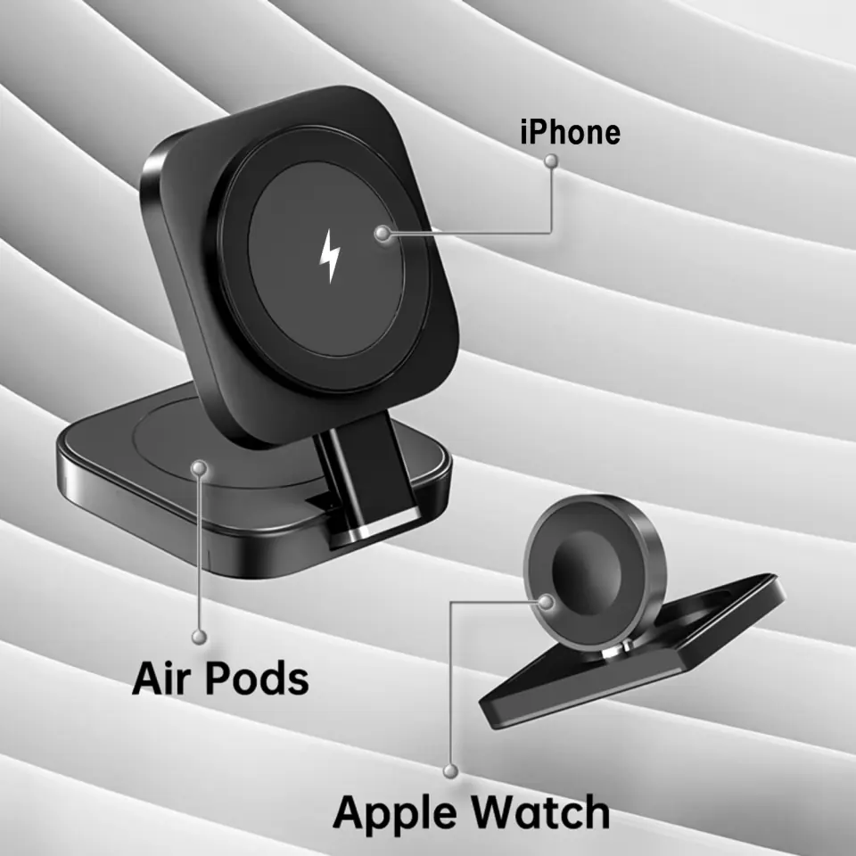 Ładowarka indukcyjna Qi Mag Safe 15W do iPhone Apple Watch AirPods bezprzewodowa 3w1 Stacja dokująca czarna