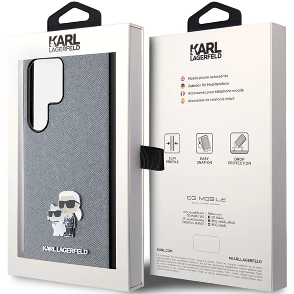 Oryginalne Etui SAMSUNG GALAXY S24+ Karl Lagerfeld Hardcase Saffiano Karl & Choupette Metal Pin (KLHCS24MPSAKCMPG) szare