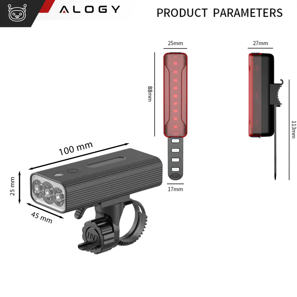 Lampka rowerowa przód + tył LED przednia tylna światło roweru oświetlenie wodoodporna IPX5 USB światełko na rower Alogy