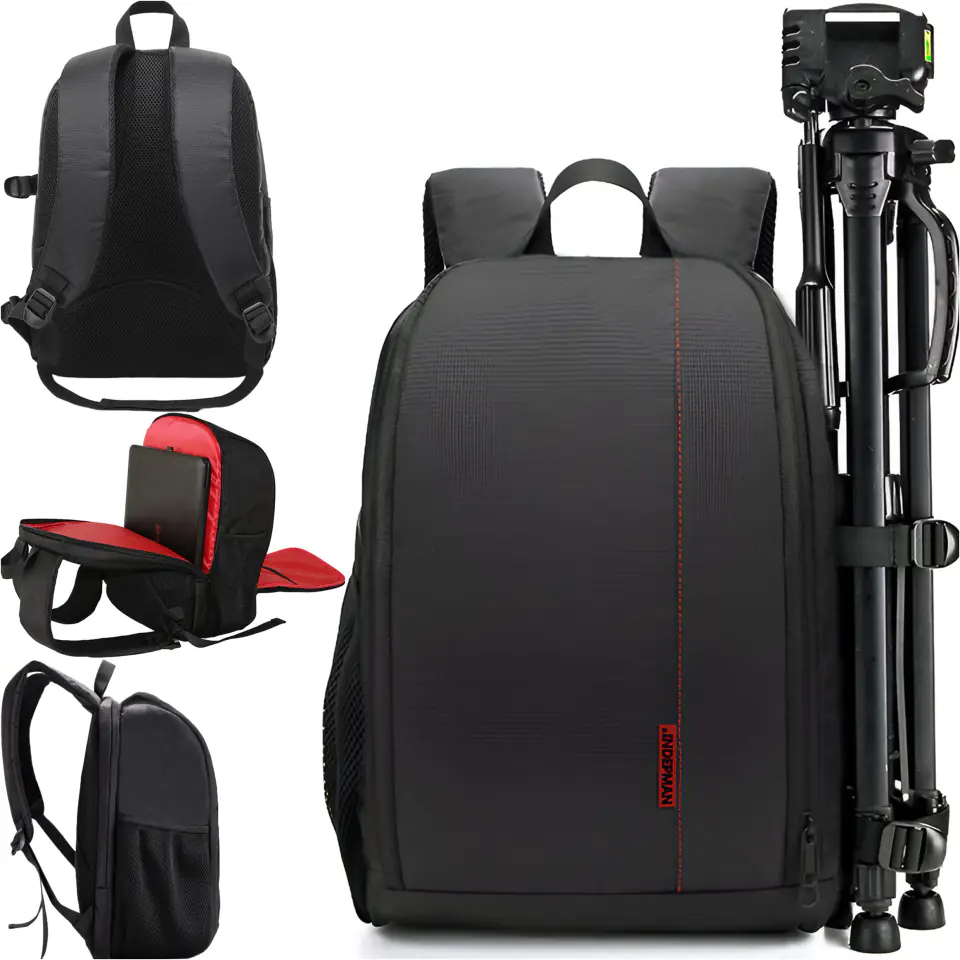 Plecak fotograficzny wodoodporny pokrowiec na aparat, sprzęt fotograficzny, laptop 15.6 duży 44x30x19 Czarno-czerwony