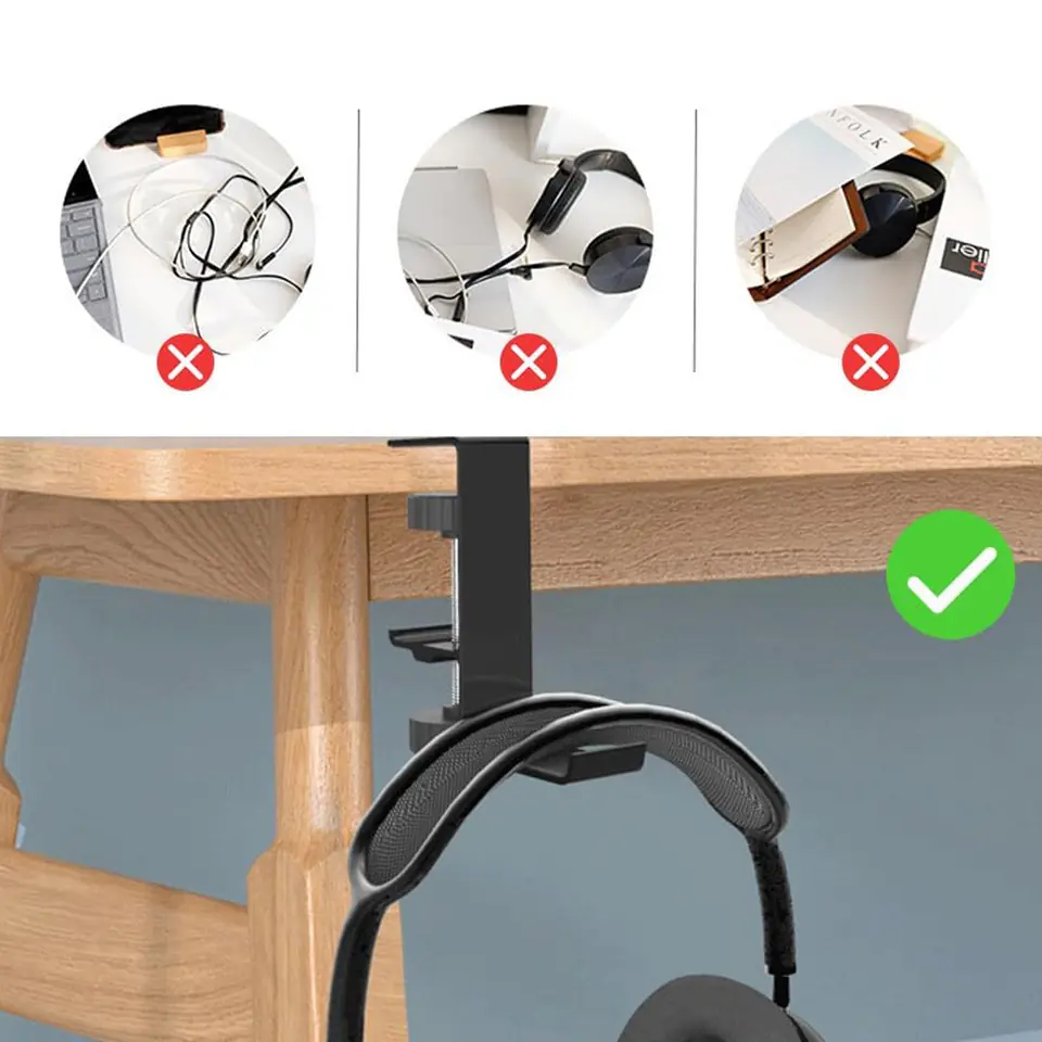 Stojak Uchwyt na słuchawki torbę aluminiowy biurkowy regulowany do biurka podstawka wieszak hak Czarny