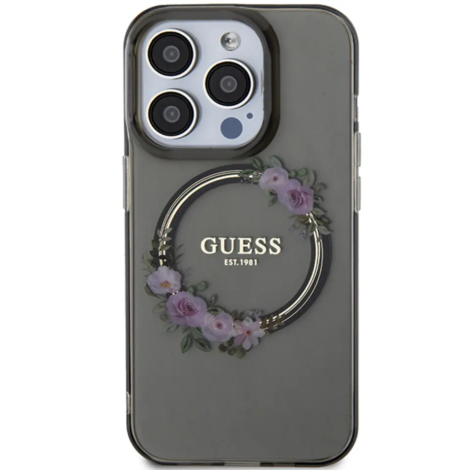 Guess GUHMP15XHFWFCK iPhone 15 Pro Max 6.7" czarny/black hardcase IML Flowers Wreatch MagSafe