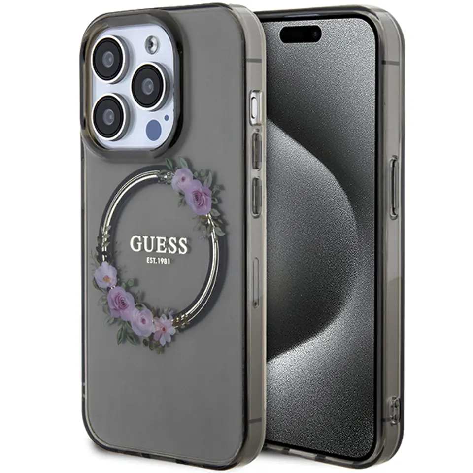 Guess GUHMP15XHFWFCK iPhone 15 Pro Max 6.7" czarny/black hardcase IML Flowers Wreatch MagSafe