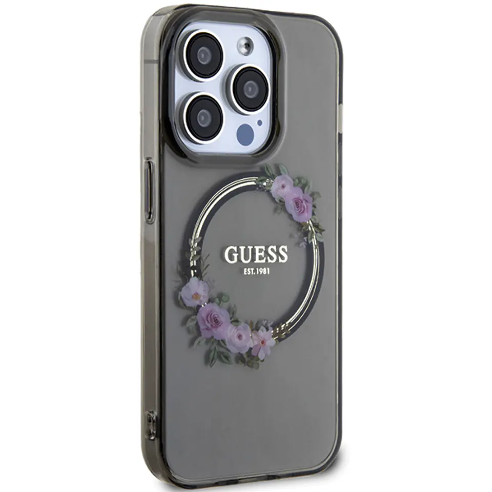 Guess GUHMP15XHFWFCK iPhone 15 Pro Max 6.7" czarny/black hardcase IML Flowers Wreatch MagSafe