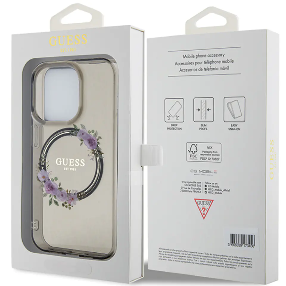 Guess GUHMP15SHFWFCK iPhone 15 / 14 / 13 6.1" czarny/black hardcase IML Flowers Wreatch MagSafe