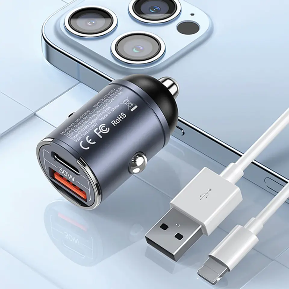 Ładowarka Samochodowa 30W PD USB-C + USB Fas Charge Z Wbudowaym Pierścieniem USAMS C38 CC206CC01 (US-CC206) stalowa