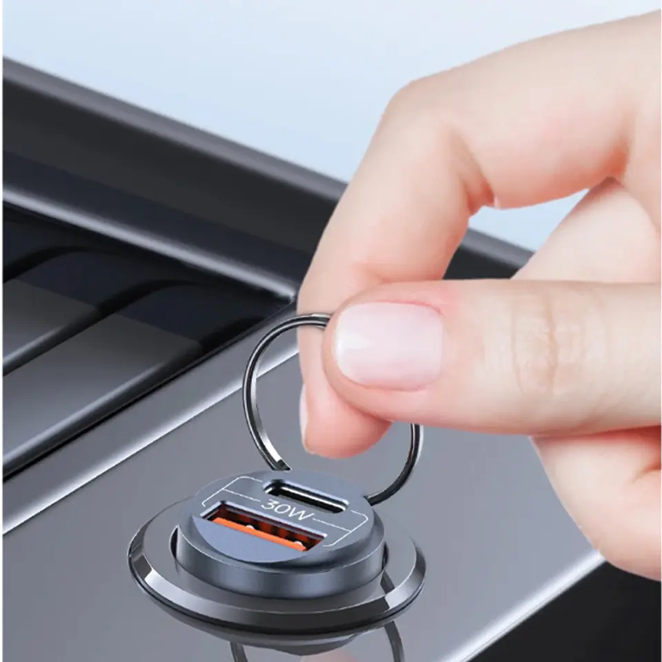 Ładowarka Samochodowa 30W PD USB-C + USB Fas Charge Z Wbudowaym Pierścieniem USAMS C38 CC206CC01 (US-CC206) fioletowa